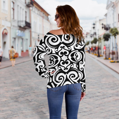 Polynesian Tattoo Pattern Off Shoulder Sweatshirt