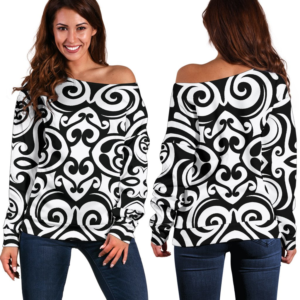 Polynesian Tattoo Pattern Off Shoulder Sweatshirt