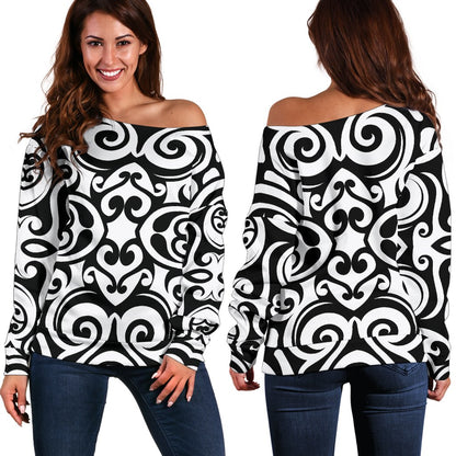 Polynesian Tattoo Pattern Off Shoulder Sweatshirt