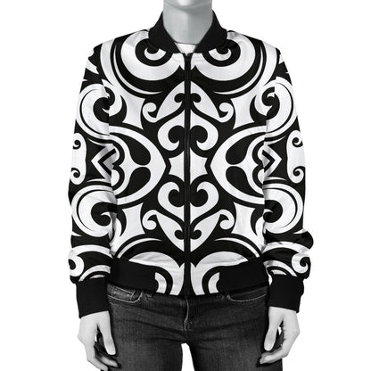 Polynesian Tattoo Pattern Women Casual Bomber Jacket