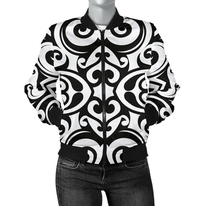 Polynesian Tattoo Pattern Women Casual Bomber Jacket