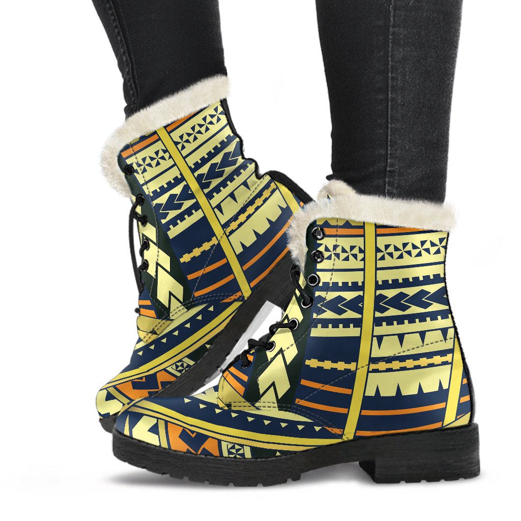Polynesian Tattoo Print Faux Fur Leather Boots-JTAMIGO.COM