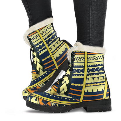 Polynesian Tattoo Print Faux Fur Leather Boots-JTAMIGO.COM