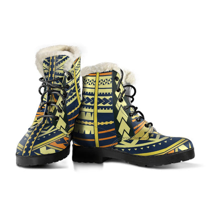 Polynesian Tattoo Print Faux Fur Leather Boots-JTAMIGO.COM