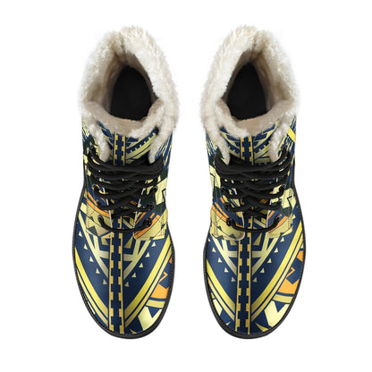 Polynesian Tattoo Print Faux Fur Leather Boots-JTAMIGO.COM