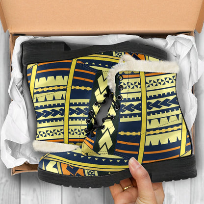 Polynesian Tattoo Print Faux Fur Leather Boots-JTAMIGO.COM