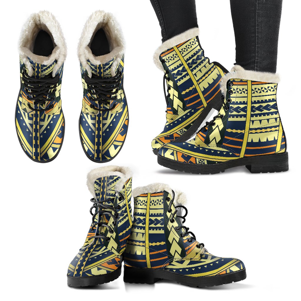 Polynesian Tattoo Print Faux Fur Leather Boots-JTAMIGO.COM