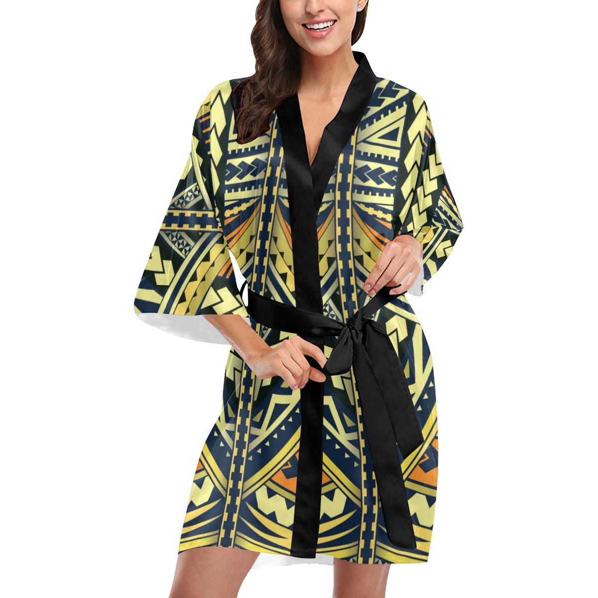 Polynesian Tattoo Print Women Short Kimono Robe