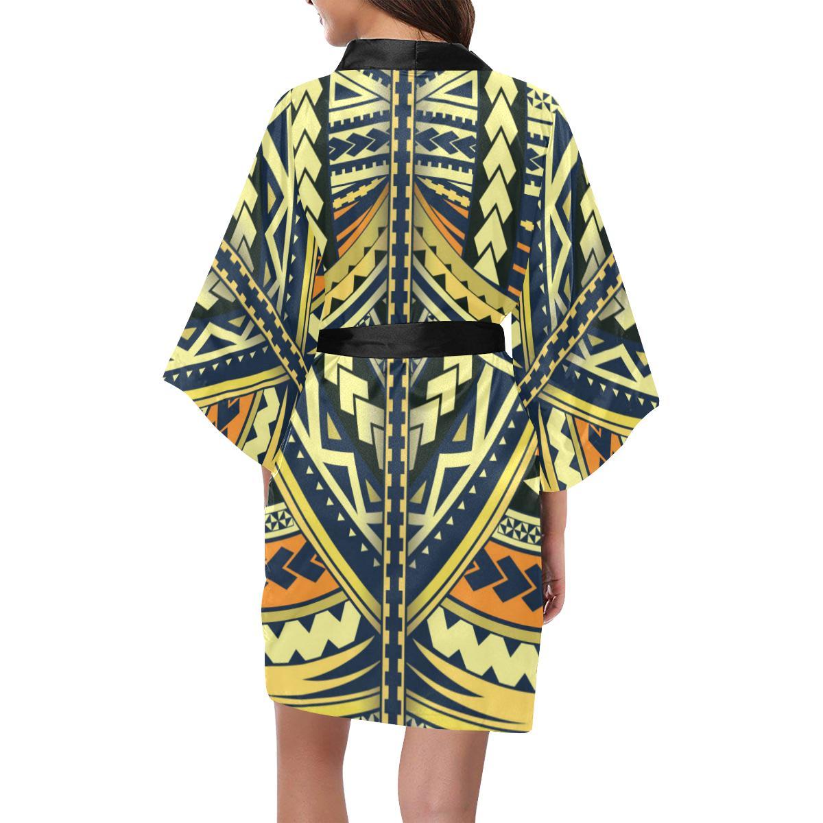 Polynesian Tattoo Print Women Short Kimono Robe