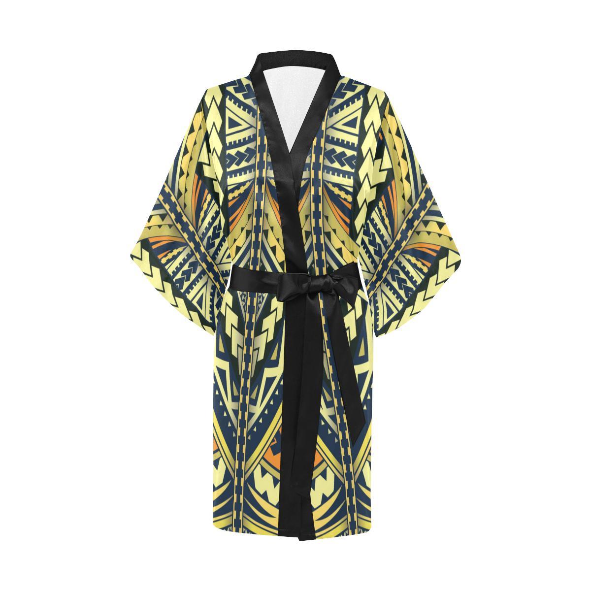 Polynesian Tattoo Print Women Short Kimono Robe