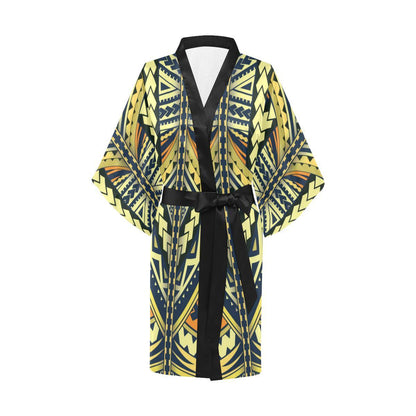 Polynesian Tattoo Print Women Short Kimono Robe