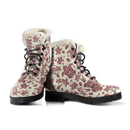 Polynesian Tattoo Turtle Themed Faux Fur Leather Boots-JTAMIGO.COM