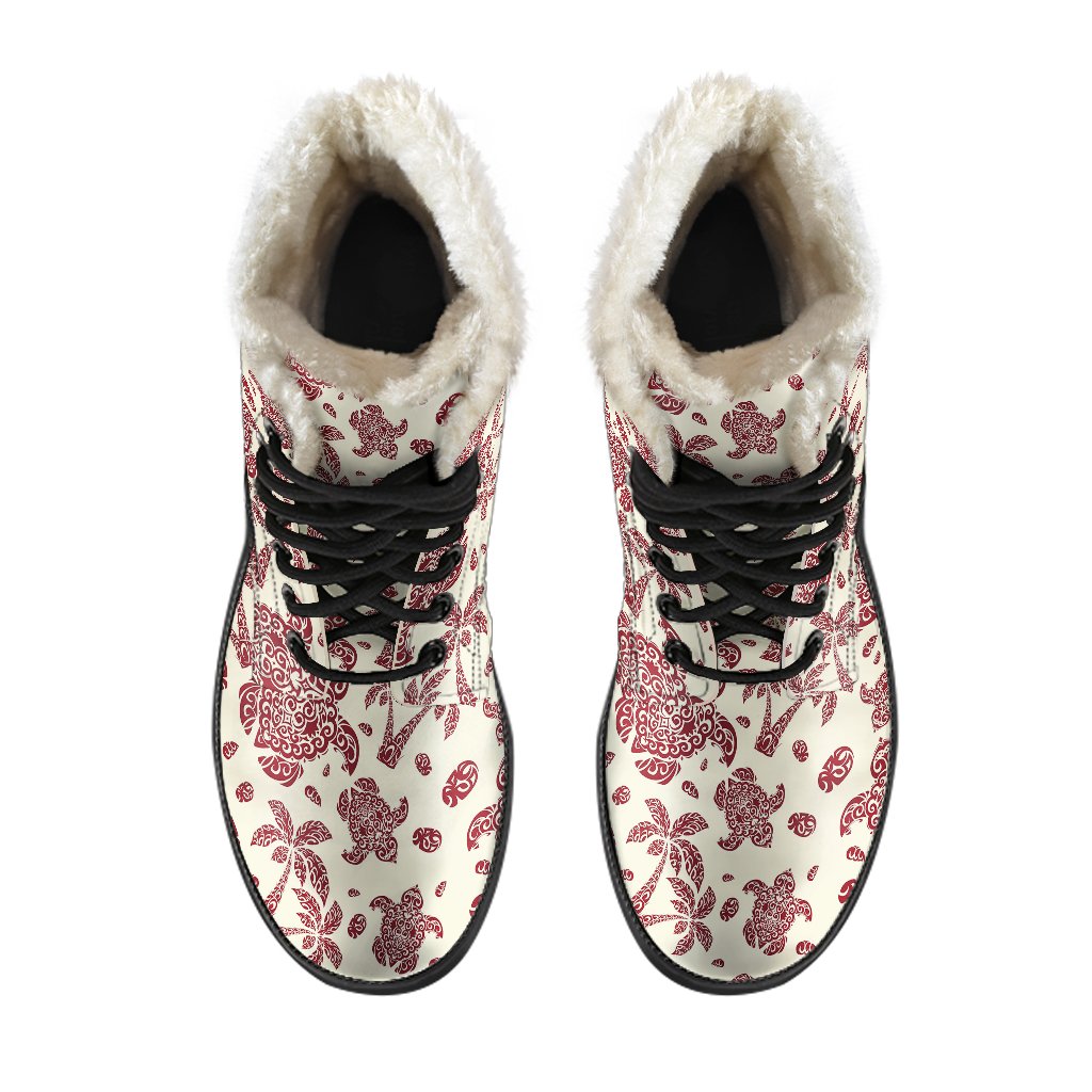 Polynesian Tattoo Turtle Themed Faux Fur Leather Boots-JTAMIGO.COM