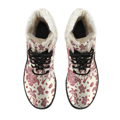 Polynesian Tattoo Turtle Themed Faux Fur Leather Boots-JTAMIGO.COM