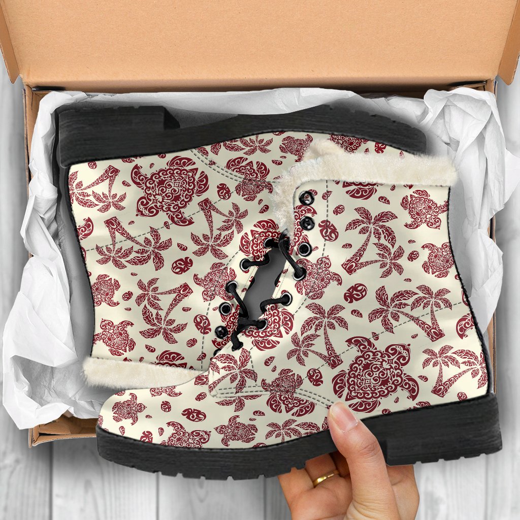 Polynesian Tattoo Turtle Themed Faux Fur Leather Boots-JTAMIGO.COM