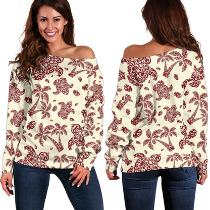 Polynesian Tattoo Turtle Themed Off Shoulder Sweatshirt