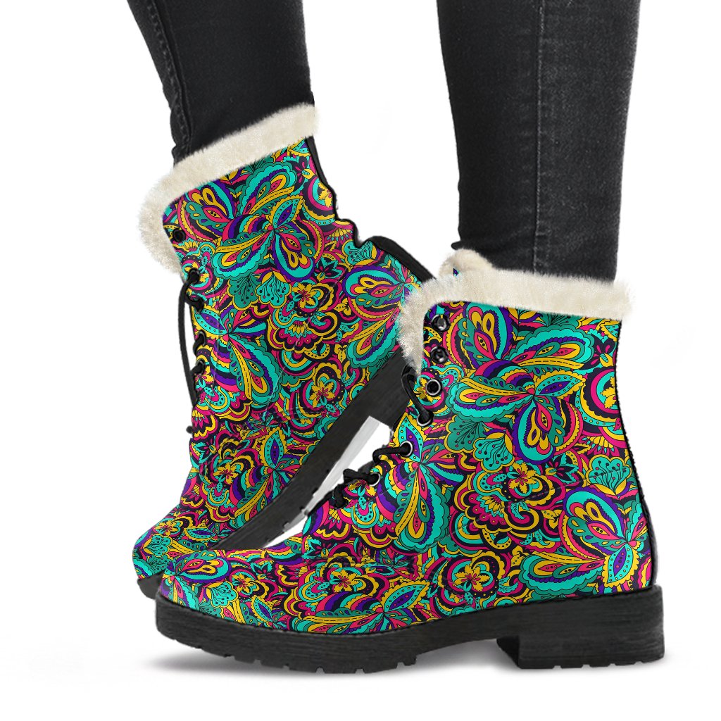 Psychedelic Trippy Floral Design Faux Fur Leather Boots-JTAMIGO.COM
