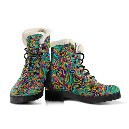 Psychedelic Trippy Floral Design Faux Fur Leather Boots-JTAMIGO.COM