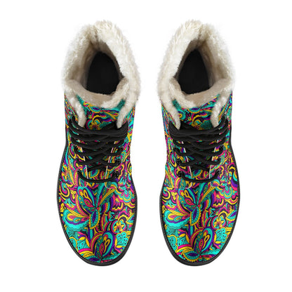 Psychedelic Trippy Floral Design Faux Fur Leather Boots-JTAMIGO.COM