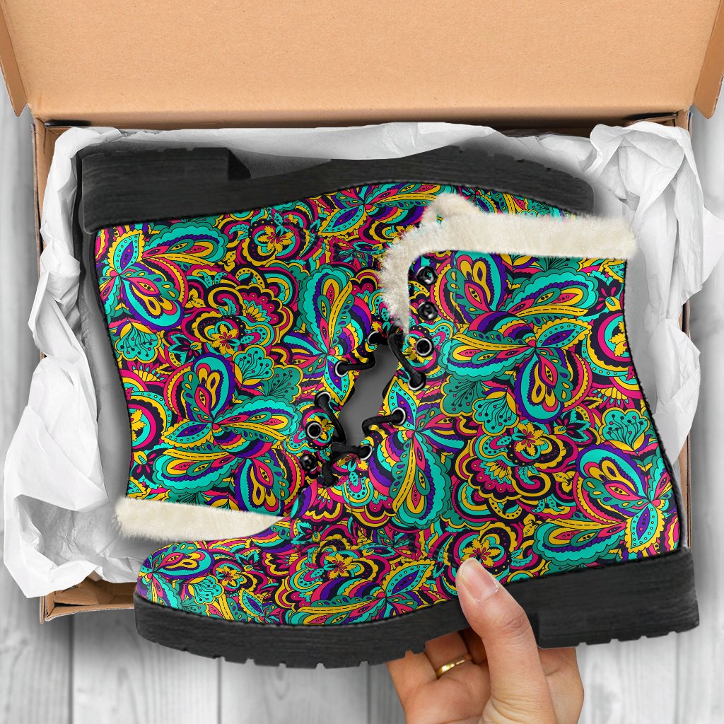 Psychedelic Trippy Floral Design Faux Fur Leather Boots-JTAMIGO.COM