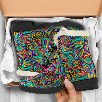 Psychedelic Trippy Floral Design Faux Fur Leather Boots-JTAMIGO.COM