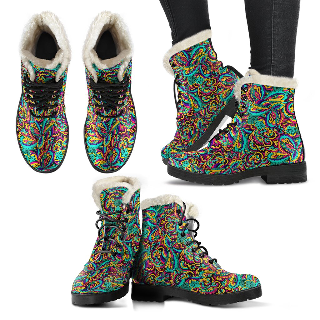 Psychedelic Trippy Floral Design Faux Fur Leather Boots-JTAMIGO.COM
