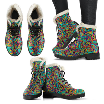 Psychedelic Trippy Floral Design Faux Fur Leather Boots-JTAMIGO.COM