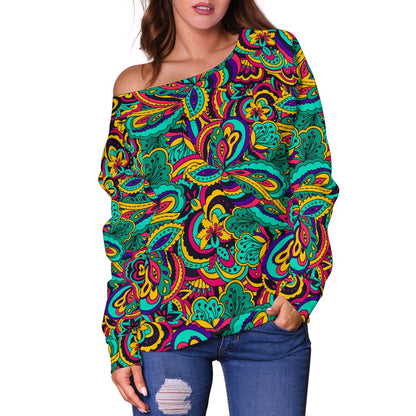Psychedelic Trippy Floral Design Off Shoulder Sweatshirt