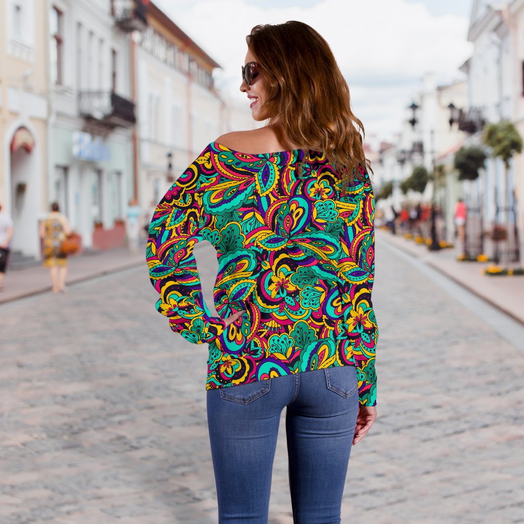 Psychedelic Trippy Floral Design Off Shoulder Sweatshirt
