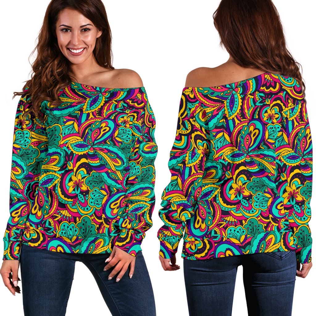 Psychedelic Trippy Floral Design Off Shoulder Sweatshirt