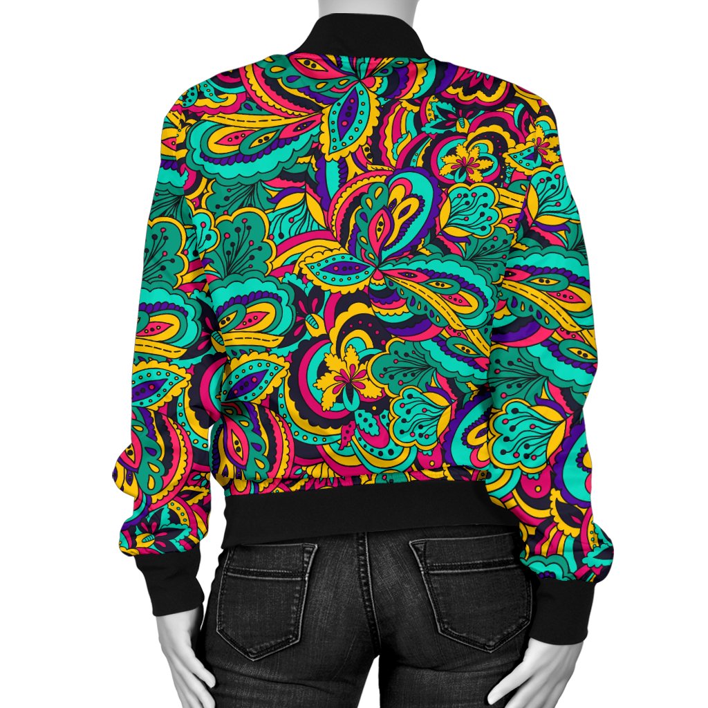 Psychedelic Trippy Floral Design Women Casual Bomber Jacket