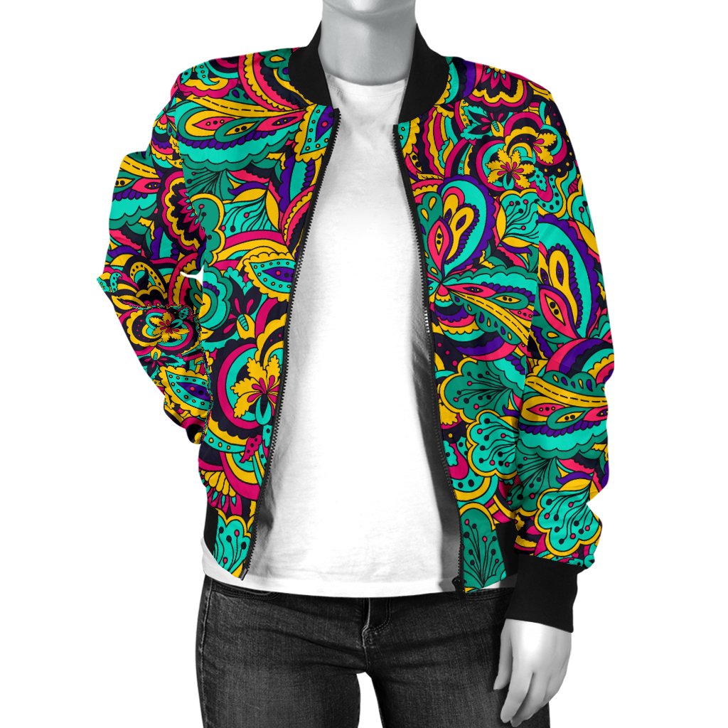 Psychedelic Trippy Floral Design Women Casual Bomber Jacket