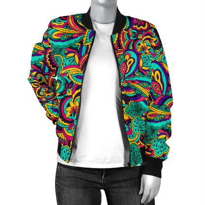 Psychedelic Trippy Floral Design Women Casual Bomber Jacket
