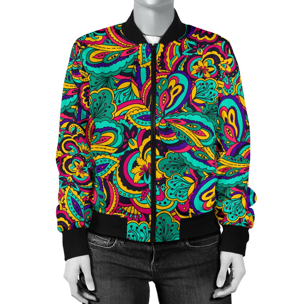 Psychedelic Trippy Floral Design Women Casual Bomber Jacket