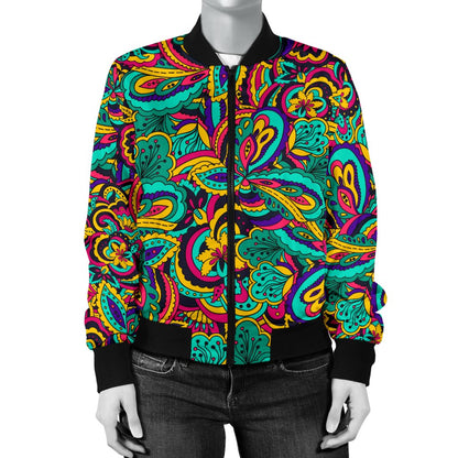 Psychedelic Trippy Floral Design Women Casual Bomber Jacket