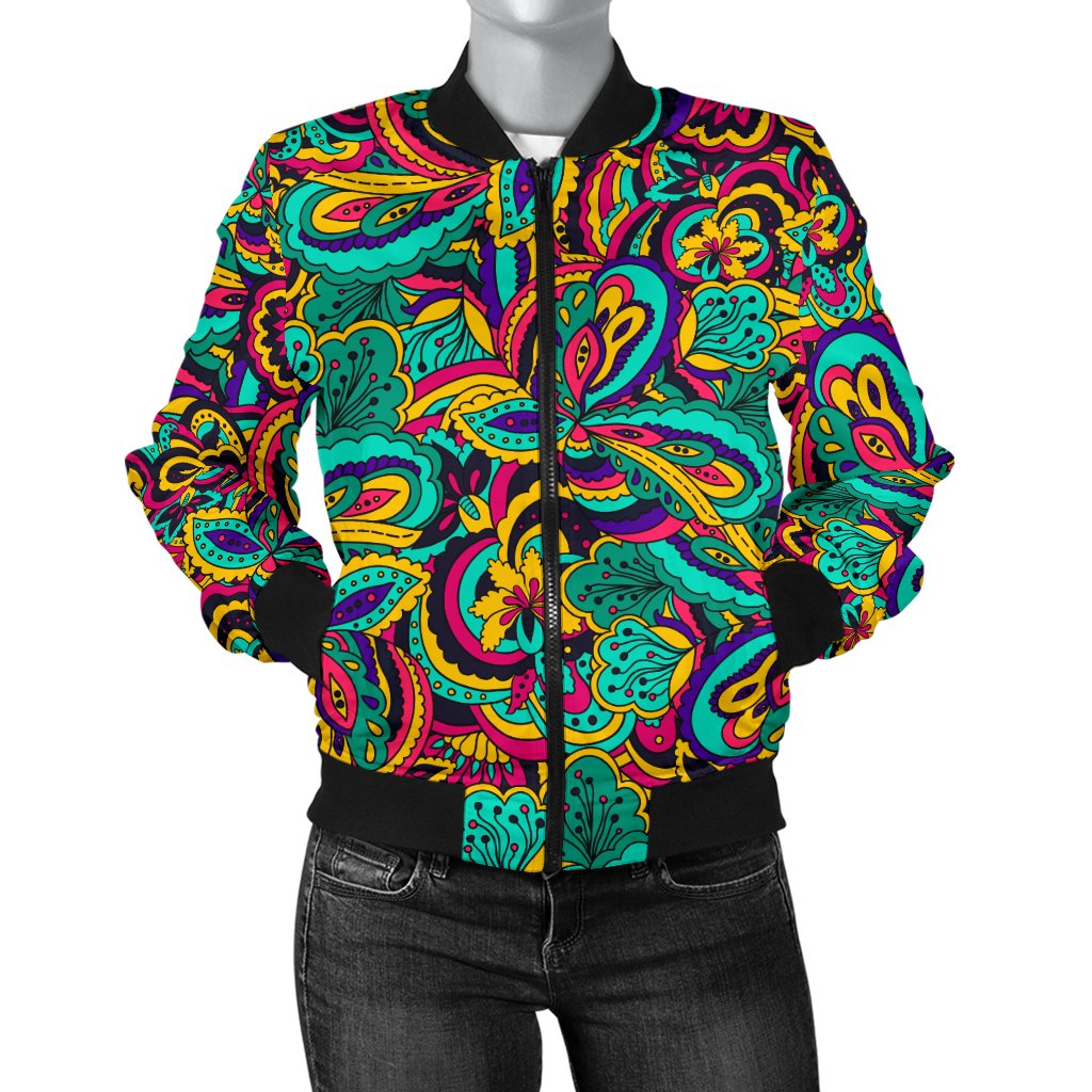 Psychedelic Trippy Floral Design Women Casual Bomber Jacket