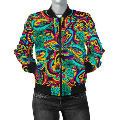 Psychedelic Trippy Floral Design Women Casual Bomber Jacket