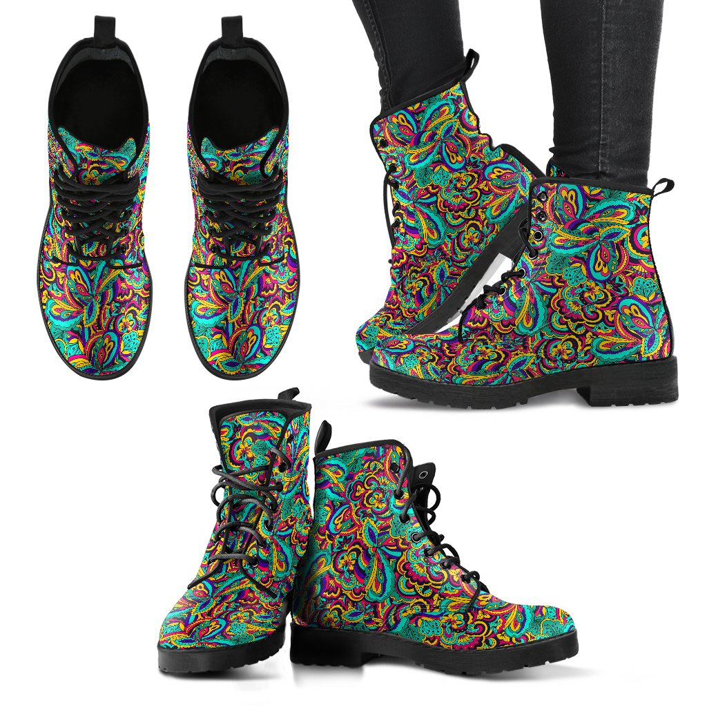 Psychedelic Trippy Floral Design Women Leather Boots-JTAMIGO.COM
