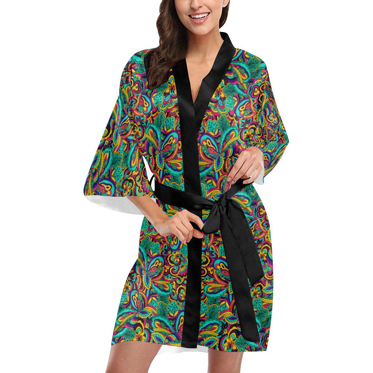 Psychedelic Trippy Floral Design Women Short Kimono Robe
