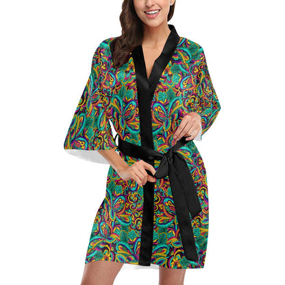 Psychedelic Trippy Floral Design Women Short Kimono Robe