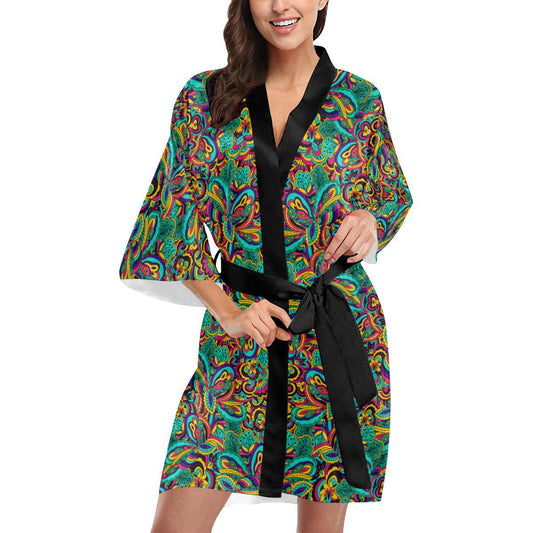 Psychedelic Trippy Floral Design Women Short Kimono Robe