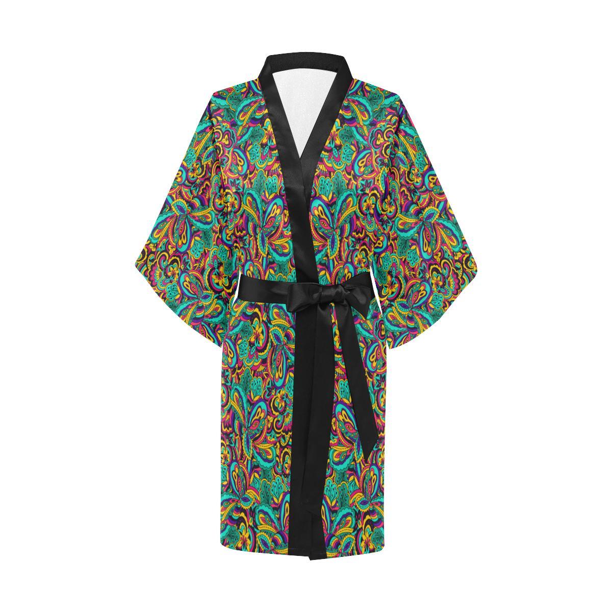 Psychedelic Trippy Floral Design Women Short Kimono Robe