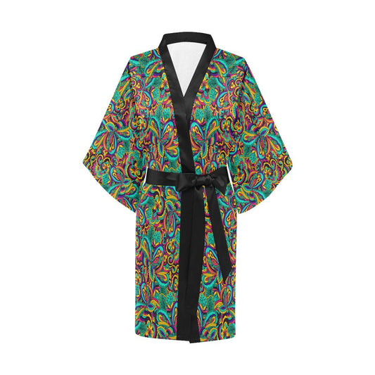 Psychedelic Trippy Floral Design Women Short Kimono Robe