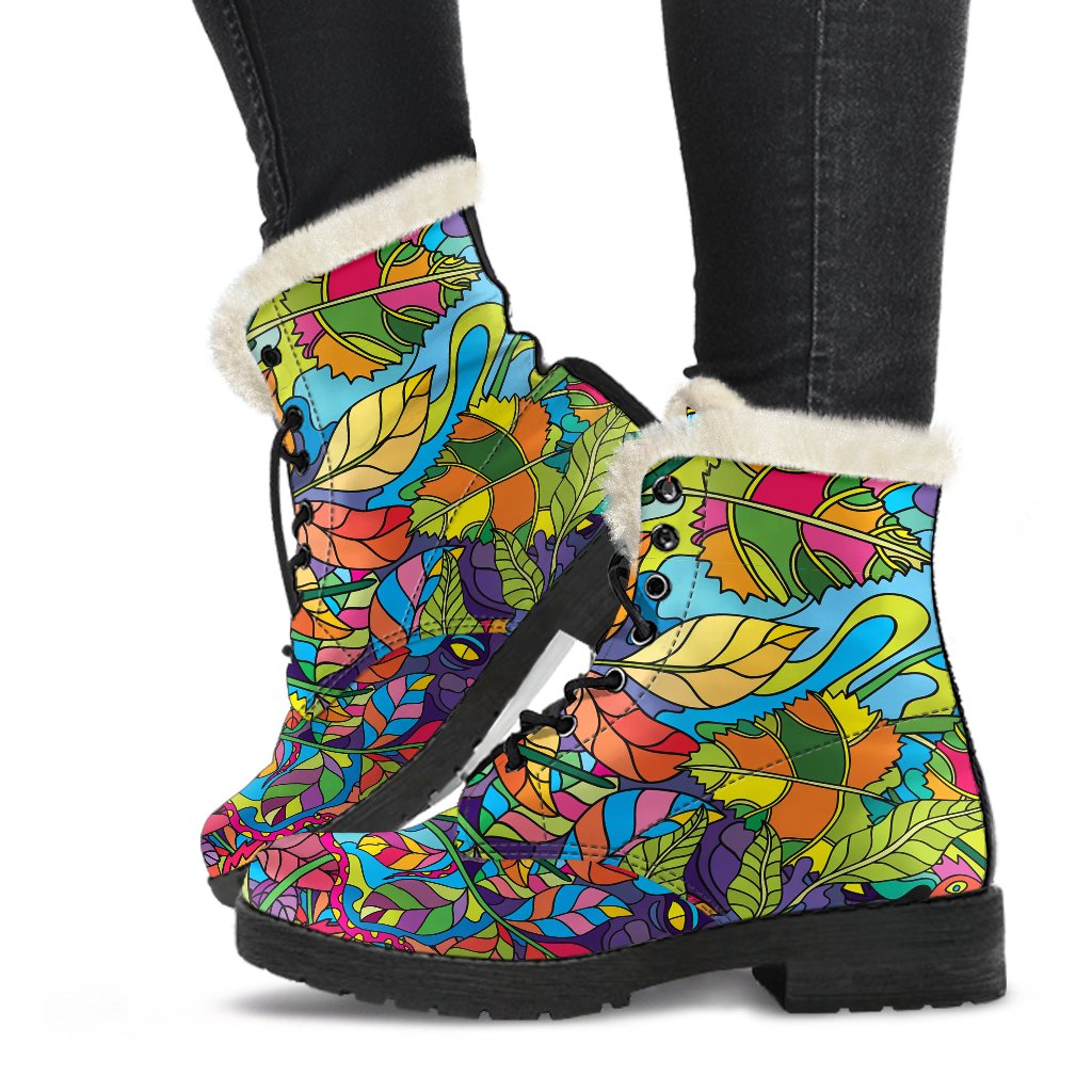 Psychedelic Trippy Flower Print Faux Fur Leather Boots-JTAMIGO.COM