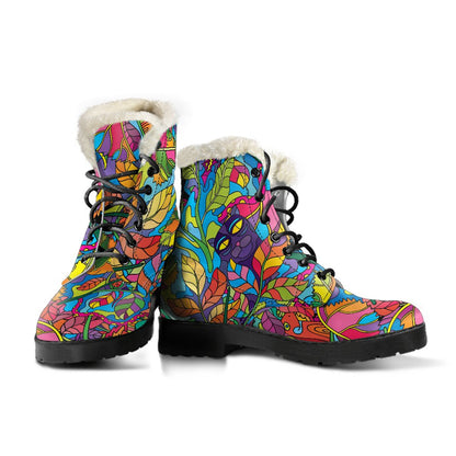 Psychedelic Trippy Flower Print Faux Fur Leather Boots-JTAMIGO.COM