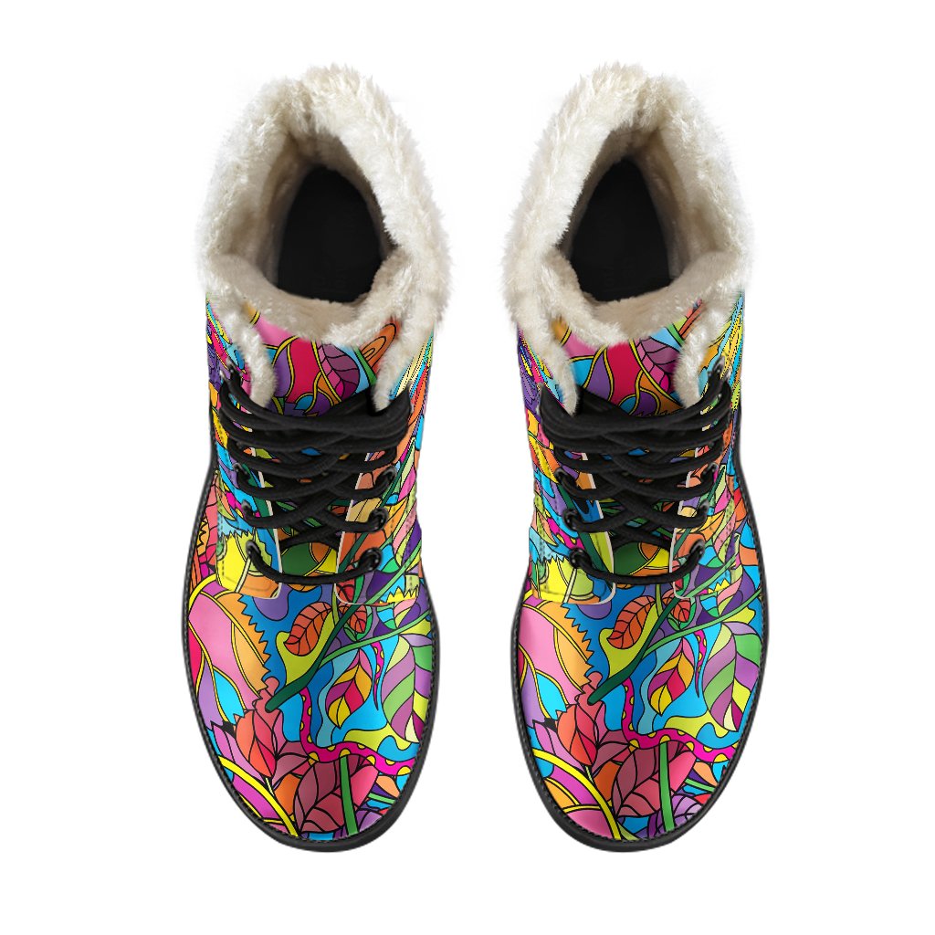Psychedelic Trippy Flower Print Faux Fur Leather Boots-JTAMIGO.COM