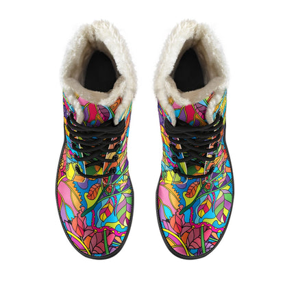 Psychedelic Trippy Flower Print Faux Fur Leather Boots-JTAMIGO.COM
