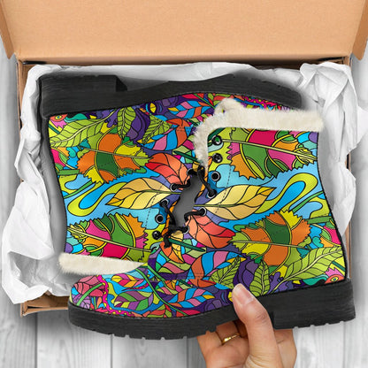 Psychedelic Trippy Flower Print Faux Fur Leather Boots-JTAMIGO.COM