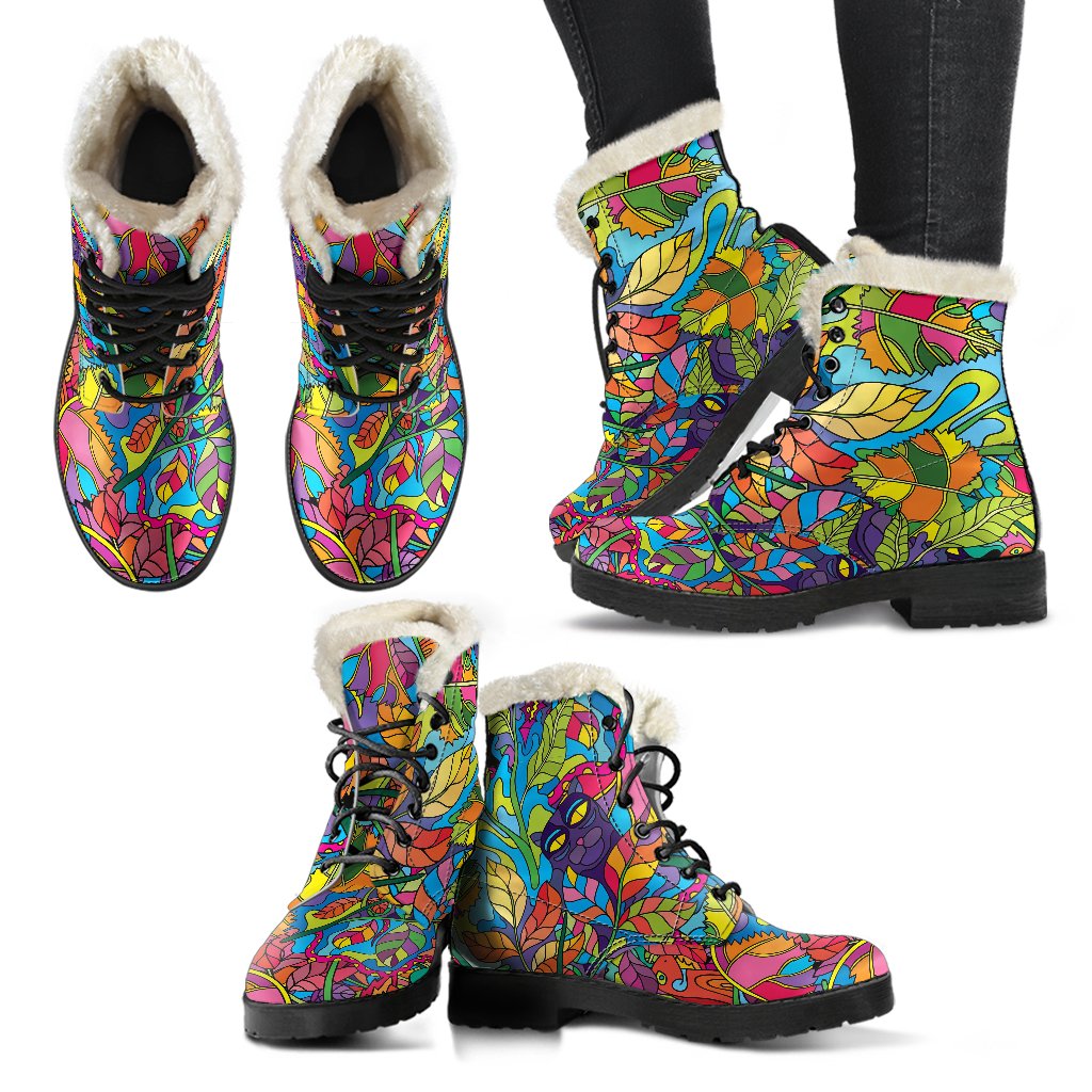 Psychedelic Trippy Flower Print Faux Fur Leather Boots-JTAMIGO.COM