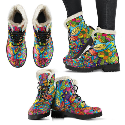 Psychedelic Trippy Flower Print Faux Fur Leather Boots-JTAMIGO.COM